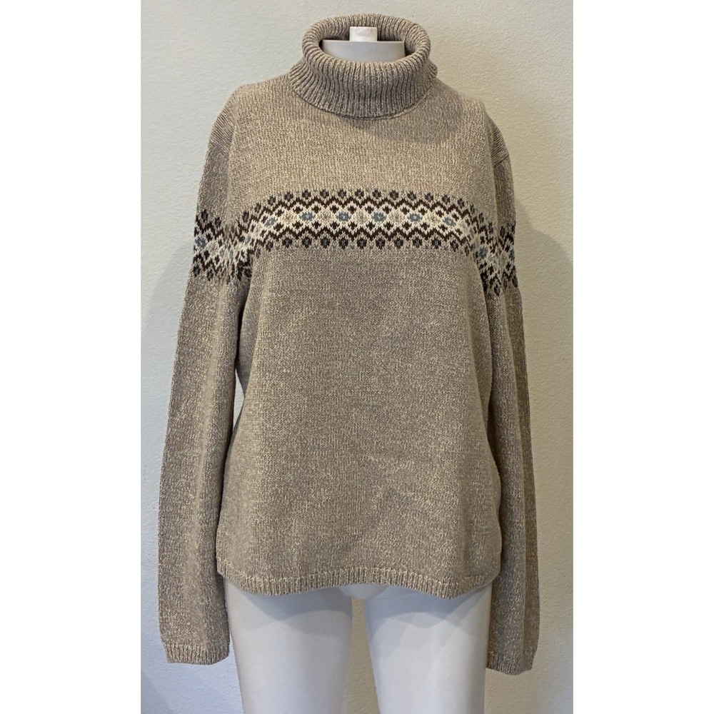 Vintage Jones Wear Sport Ramie Fair Isle Turtleneck Sweater L Beige Cabincore